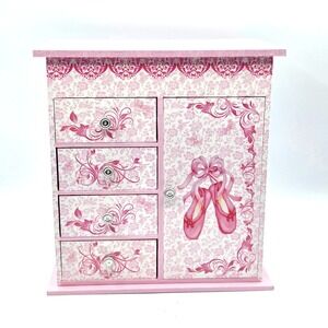 Pink Musical Jewelry Box  4 Drawers  Door for Necklaces Ballerina‎ video LISTEN